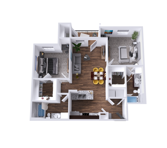 a 3d rendering of a two bedroom apartment at The Barons Park