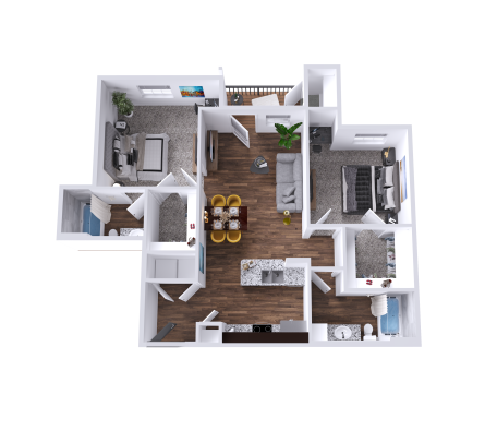 a 3d rendering of a two bedroom apartment at The Barons Park