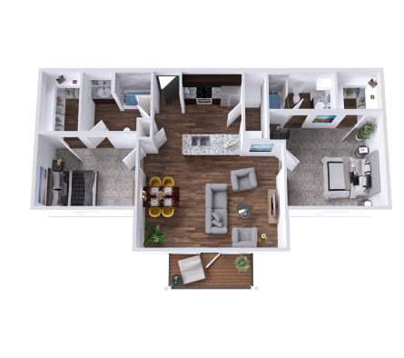 a 3d rendering of a two bedroom apartment at The Barons Park