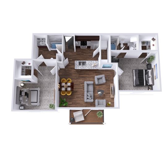 a 3d rendering of a two bedroom apartment at The Barons Park