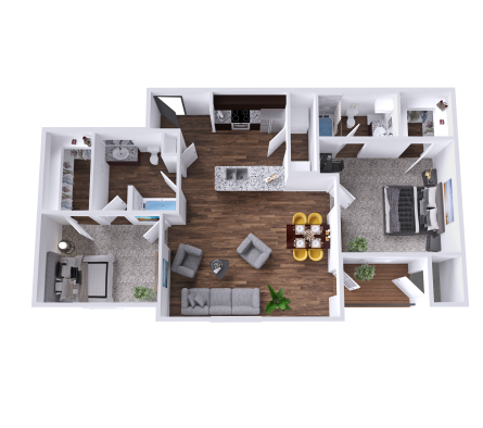 a 3d rendering of a two bedroom apartment at The Barons Park