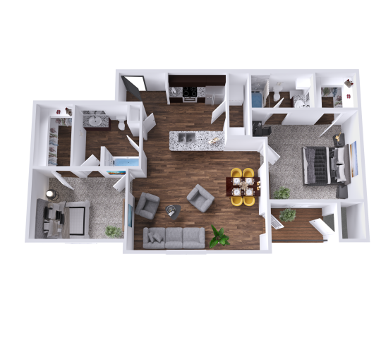 a 3d rendering of a two bedroom apartment at The Barons Park