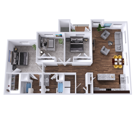 a 3d rendering of a two bedroom apartment at The Barons Park