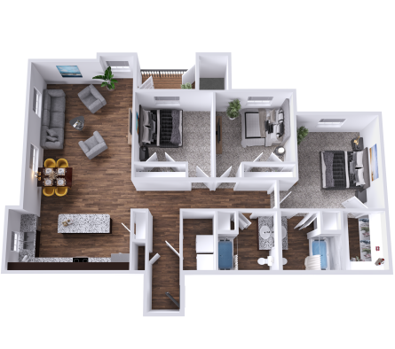 a 3d rendering of a two bedroom apartment at The Barons Park