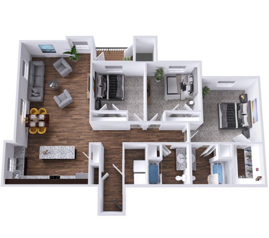 a 3d rendering of a two bedroom apartment at The Barons Park